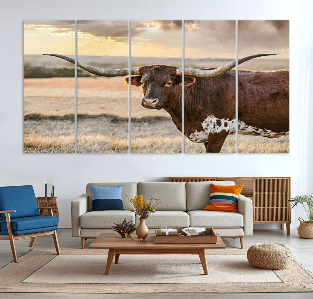 Texas Longhorn Cattle Wall Art | 3 Panel Rustic Western Decor, Sunset Canvas Print for Living Room, Farmhouse, Office – Bold Cowboy-Inspired Wall Art