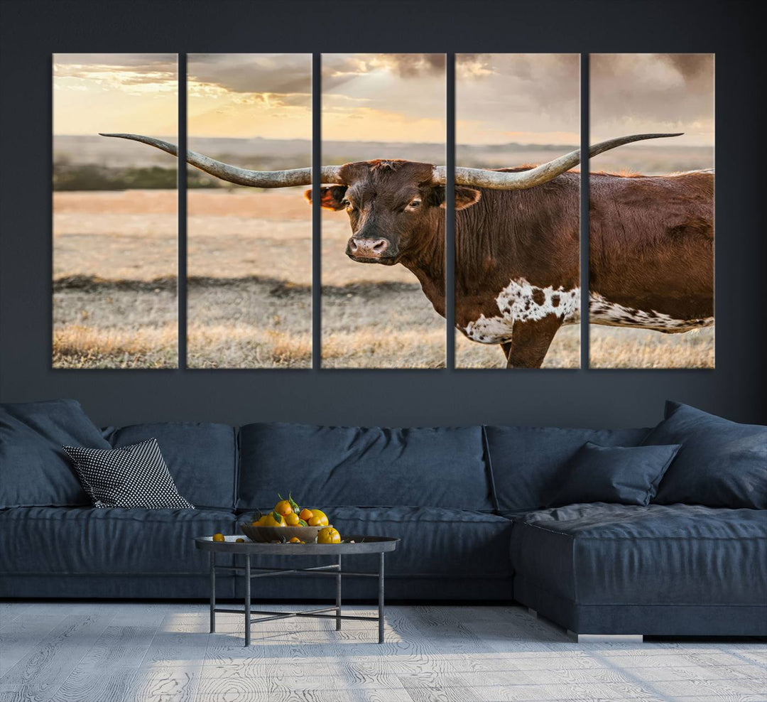 Texas Longhorn Cattle Wall Art | 3 Panel Rustic Western Decor, Sunset Canvas Print for Living Room, Farmhouse, Office – Bold Cowboy-Inspired Wall Art