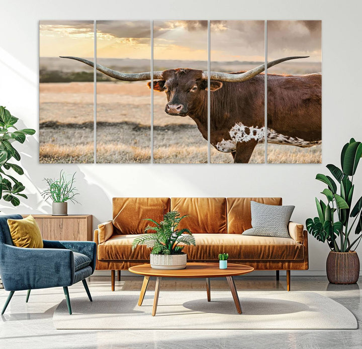 Texas Longhorn Cattle Wall Art | 3 Panel Rustic Western Decor, Sunset Canvas Print for Living Room, Farmhouse, Office – Bold Cowboy-Inspired Wall Art