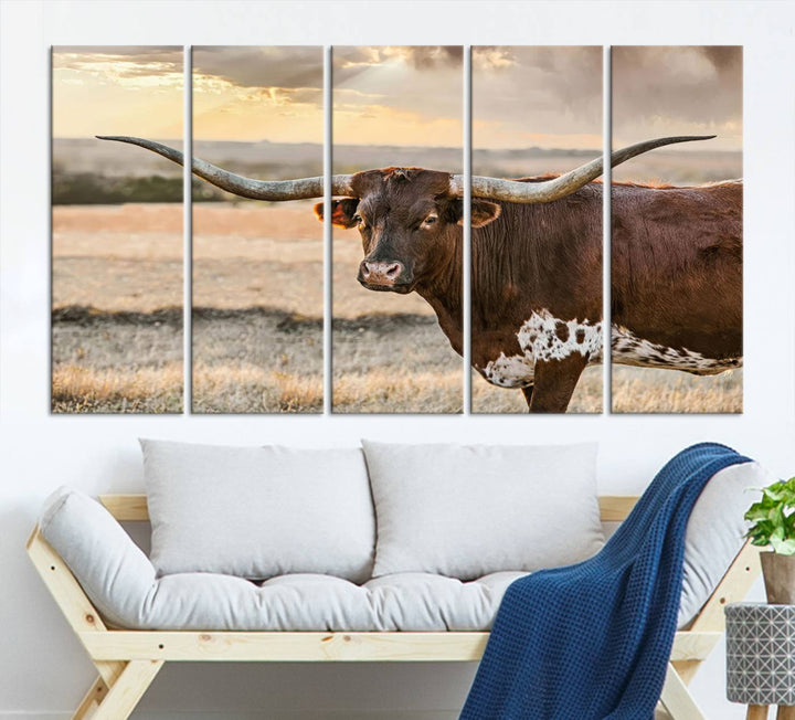 Texas Longhorn Cattle Wall Art | 3 Panel Rustic Western Decor, Sunset Canvas Print for Living Room, Farmhouse, Office – Bold Cowboy-Inspired Wall Art