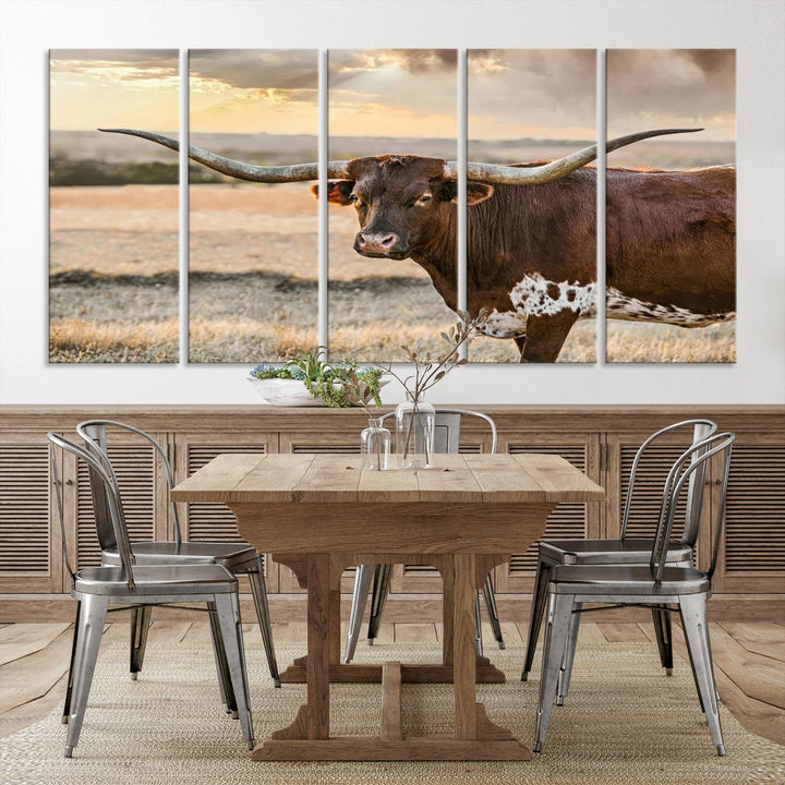 Texas Longhorn Cattle Wall Art | 3 Panel Rustic Western Decor, Sunset Canvas Print for Living Room, Farmhouse, Office – Bold Cowboy-Inspired Wall Art