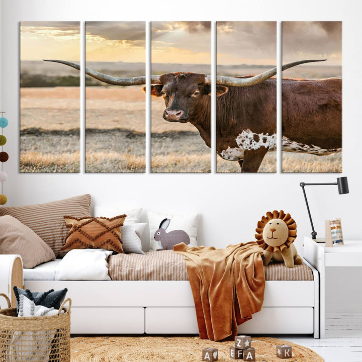 Texas Longhorn Cattle Wall Art | 3 Panel Rustic Western Decor, Sunset Canvas Print for Living Room, Farmhouse, Office – Bold Cowboy-Inspired Wall Art