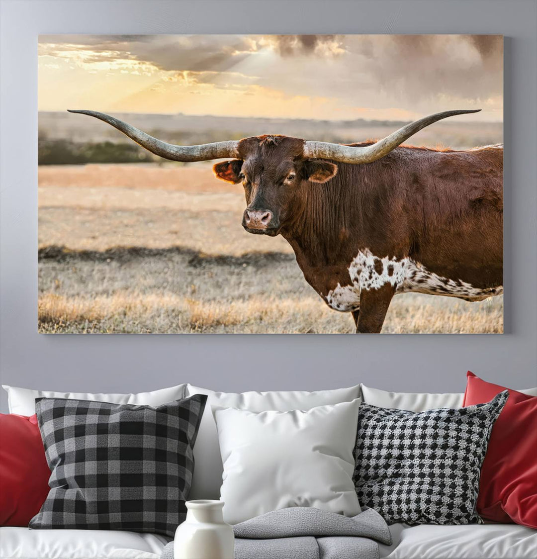 Texas Longhorn Cattle Wall Art | 3 Panel Rustic Western Decor, Sunset Canvas Print for Living Room, Farmhouse, Office – Bold Cowboy-Inspired Wall Art