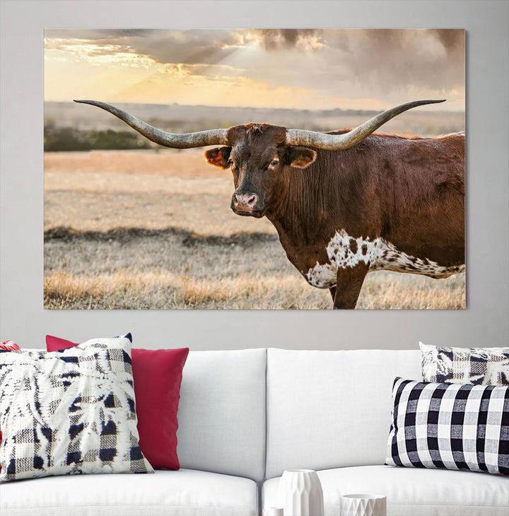 Texas Longhorn Cattle Wall Art | 3 Panel Rustic Western Decor, Sunset Canvas Print for Living Room, Farmhouse, Office – Bold Cowboy-Inspired Wall Art