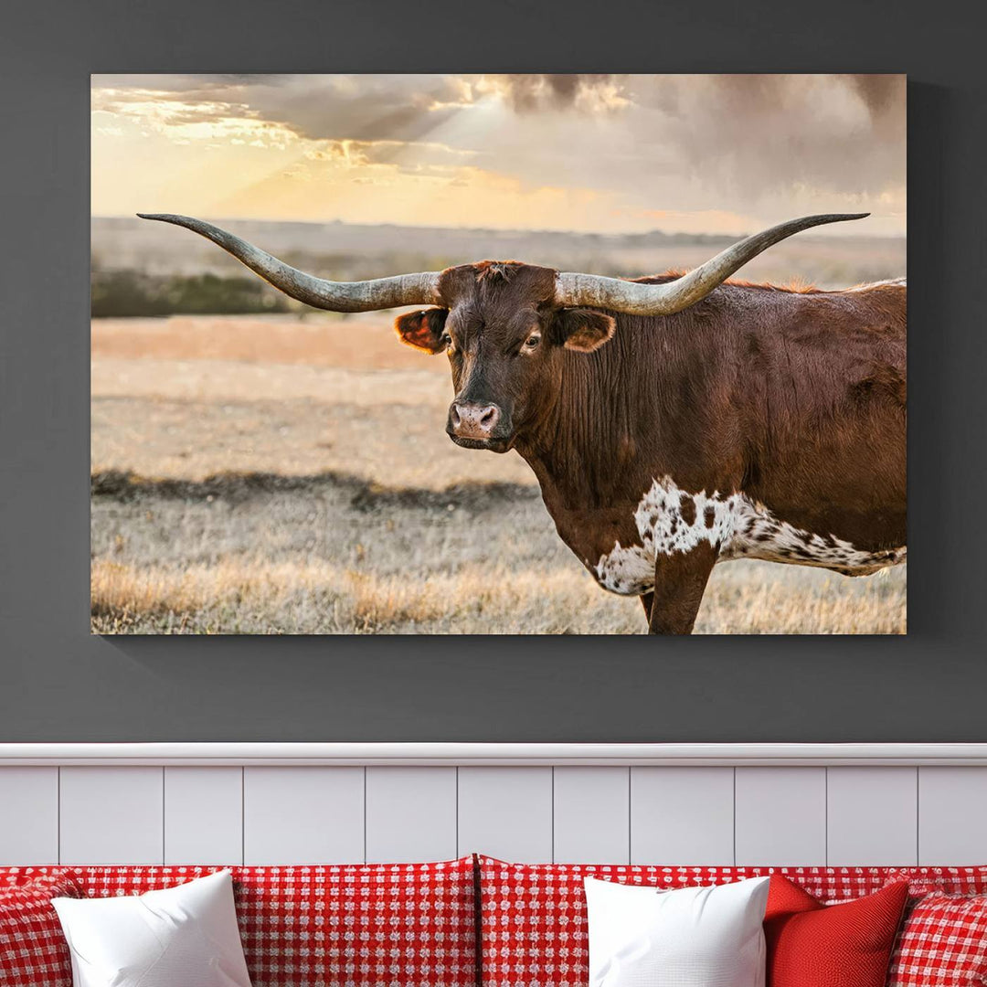 Texas Longhorn Cattle Wall Art | 3 Panel Rustic Western Decor, Sunset Canvas Print for Living Room, Farmhouse, Office – Bold Cowboy-Inspired Wall Art