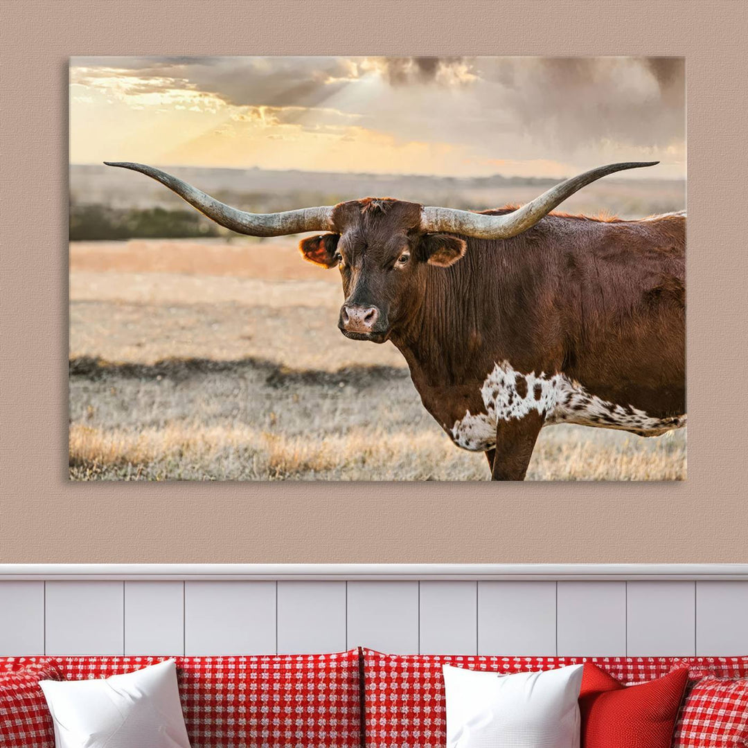 Texas Longhorn Cattle Wall Art | 3 Panel Rustic Western Decor, Sunset Canvas Print for Living Room, Farmhouse, Office – Bold Cowboy-Inspired Wall Art