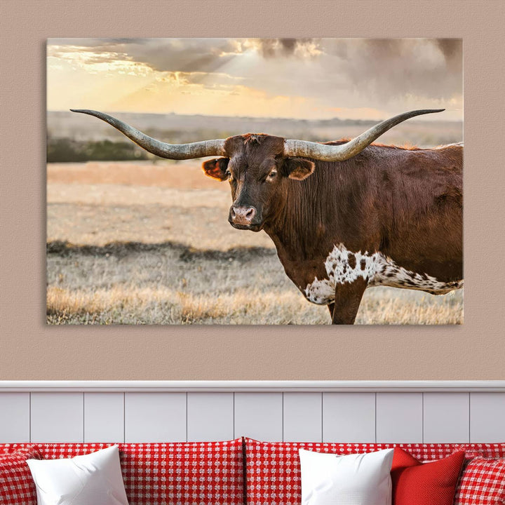 Texas Longhorn Cattle Wall Art | 3 Panel Rustic Western Decor, Sunset Canvas Print for Living Room, Farmhouse, Office – Bold Cowboy-Inspired Wall Art