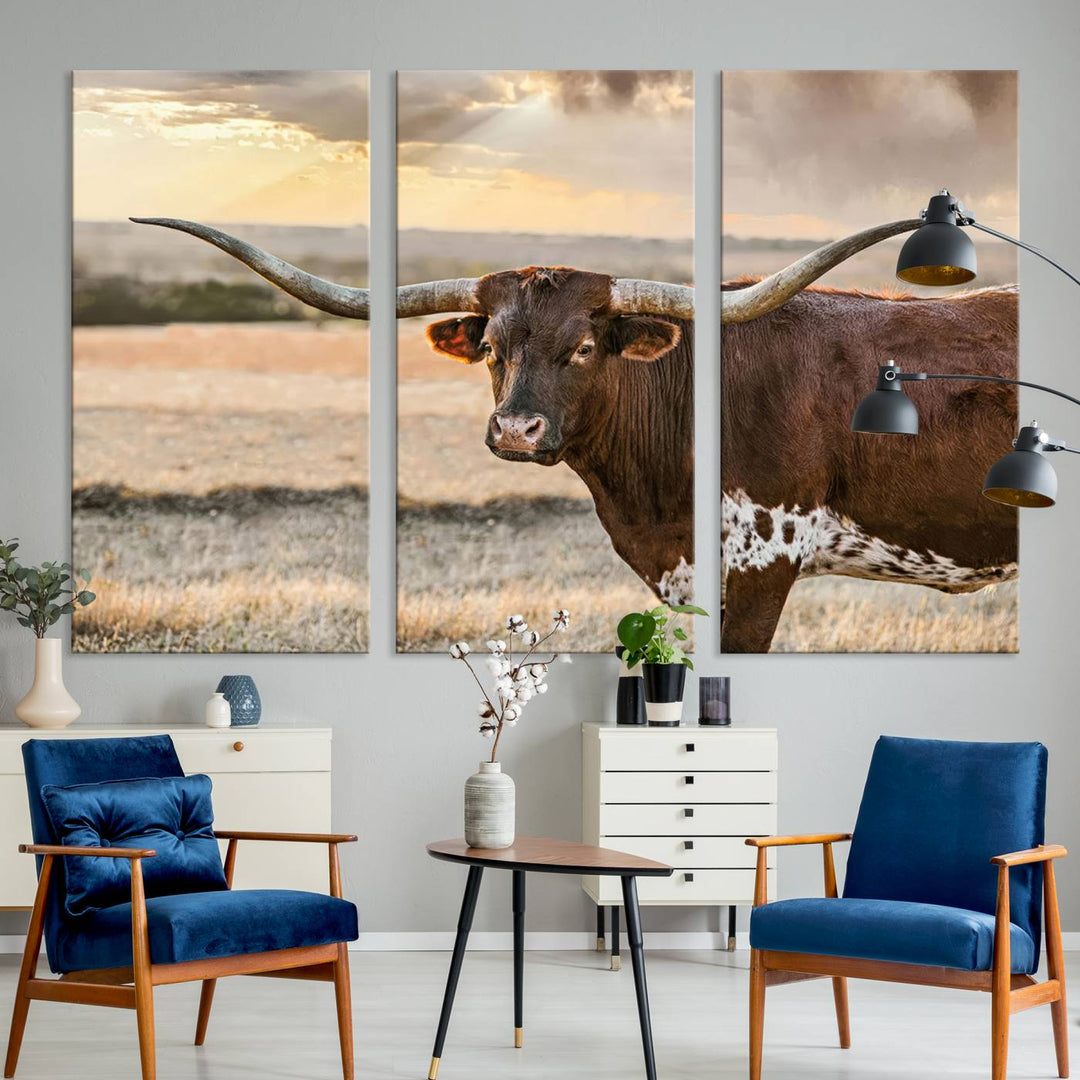 Texas Longhorn Cattle Wall Art | 3 Panel Rustic Western Decor, Sunset Canvas Print for Living Room, Farmhouse, Office – Bold Cowboy-Inspired Wall Art