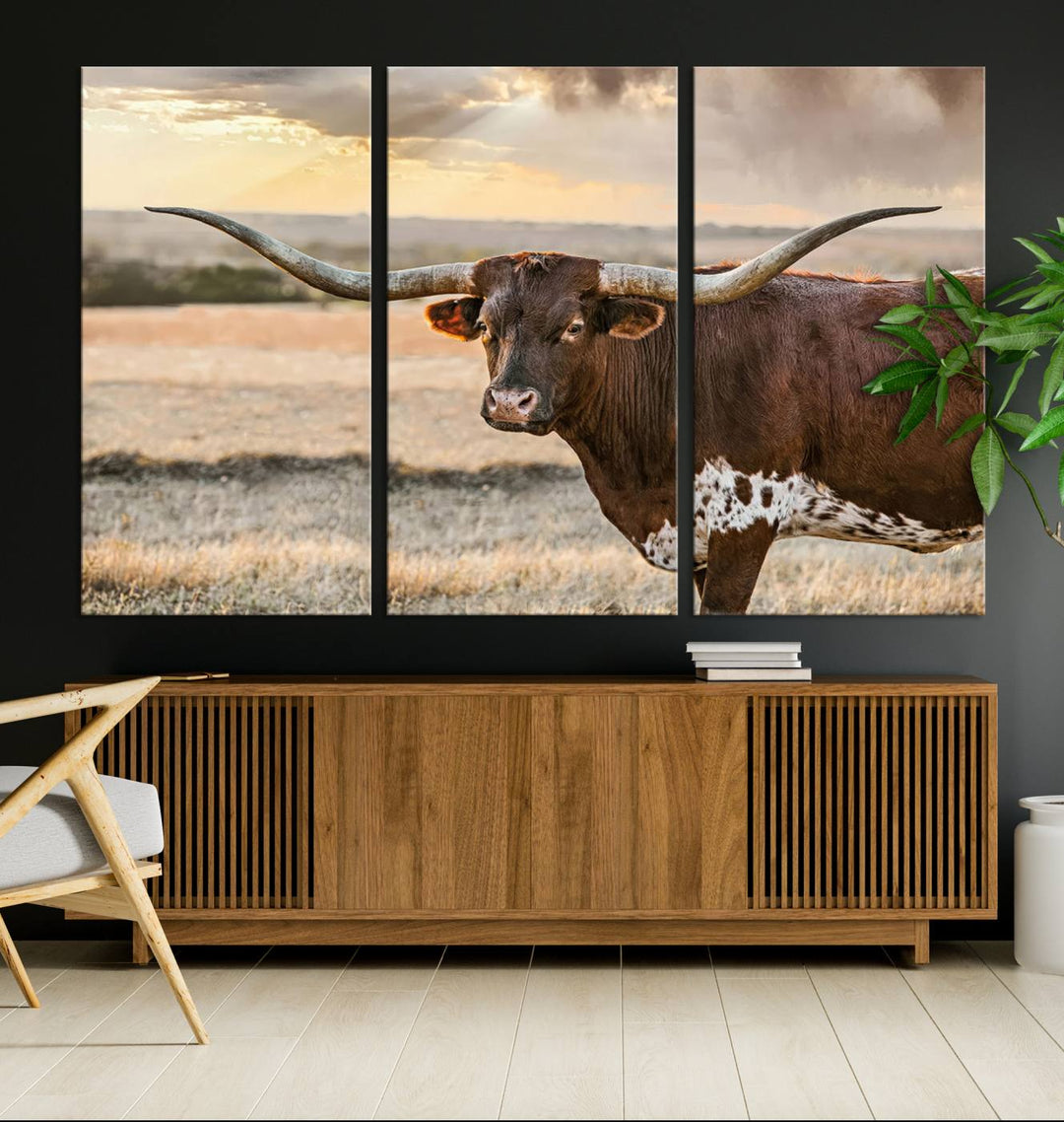 Texas Longhorn Cattle Wall Art | 3 Panel Rustic Western Decor, Sunset Canvas Print for Living Room, Farmhouse, Office – Bold Cowboy-Inspired Wall Art