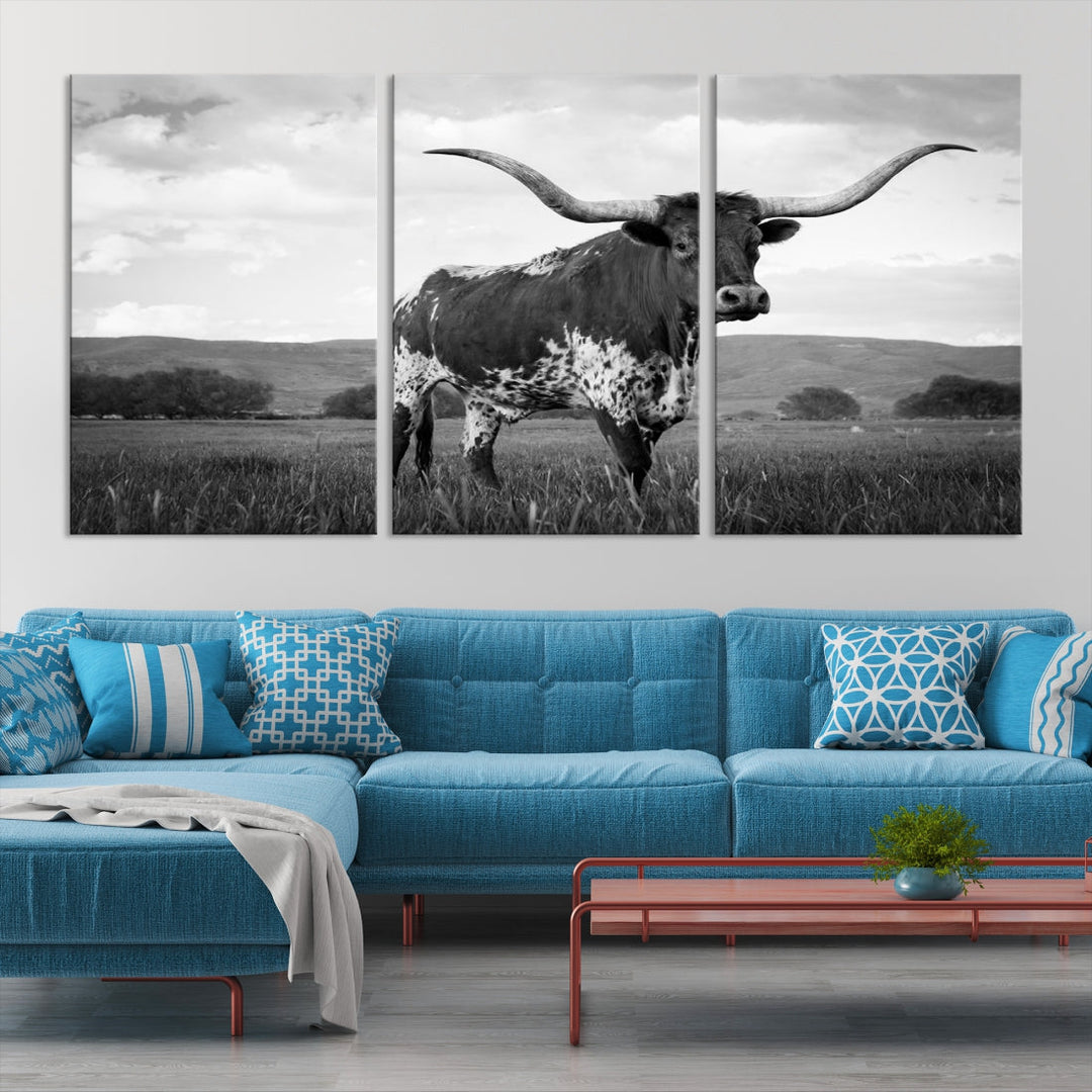 Black and White Big Horn Texas Cow Canvas Wall Art Print Animal Picture