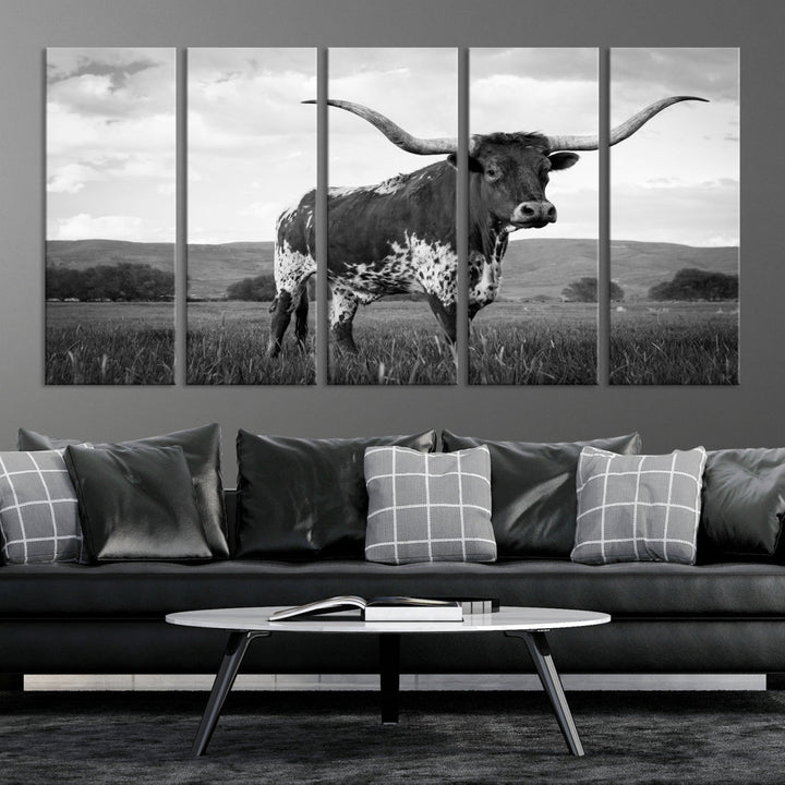 Black and White Big Horn Texas Cow Canvas Wall Art Print Animal Picture