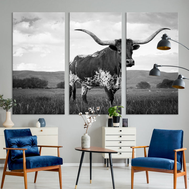 Black and White Big Horn Texas Cow Canvas Wall Art Print Animal Picture