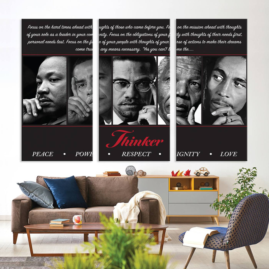 Thinker Wall art, Martin, Obama, Malcolm X, Mandela, Marley, Thinker Quintet Peace Power Respect Dignity Love Canvas Print, African Art Gift