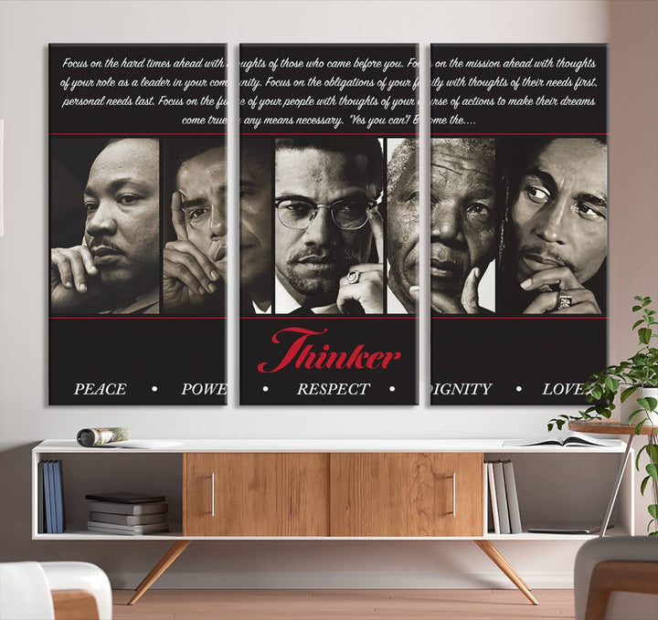 Thinker Wall art, Martin, Obama, Malcolm X, Mandela, Marley, Thinker Quintet Peace Power Respect Dignity Love Canvas Print, African Art Gift