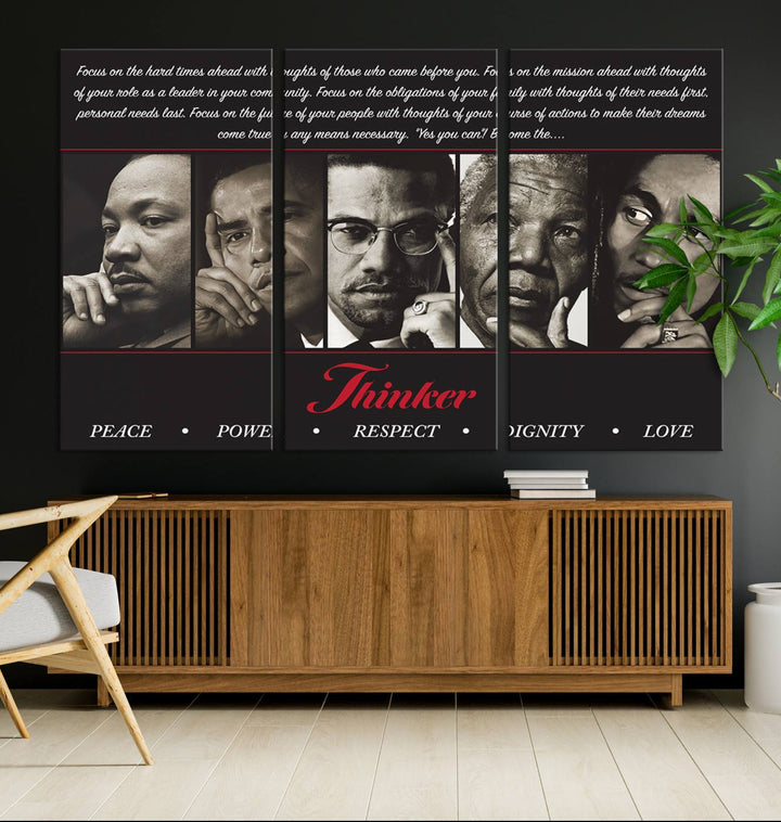 Thinker Wall art, Martin, Obama, Malcolm X, Mandela, Marley, Thinker Quintet Peace Power Respect Dignity Love Canvas Print, African Art Gift