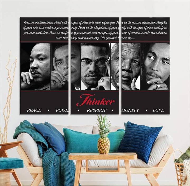 Thinker Wall art, Martin, Obama, Malcolm X, Mandela, Marley, Thinker Quintet Peace Power Respect Dignity Love Canvas Print, African Art Gift