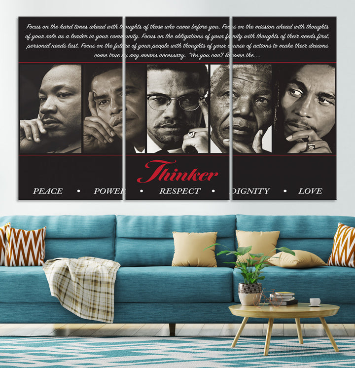 Thinker Wall art, Martin, Obama, Malcolm X, Mandela, Marley, Thinker Quintet Peace Power Respect Dignity Love Canvas Print, African Art Gift