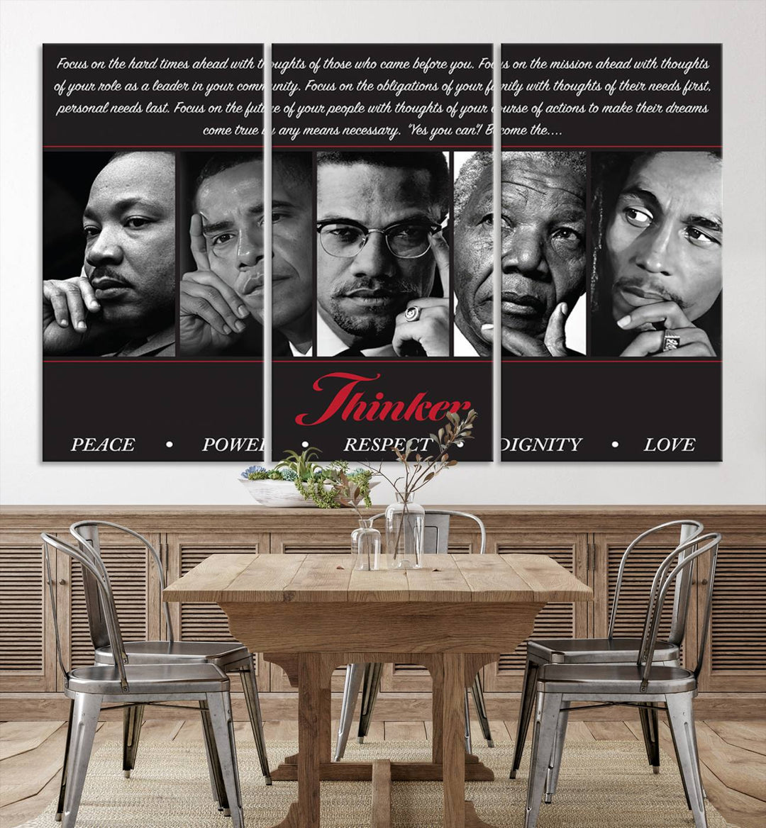 Thinker Wall art, Martin, Obama, Malcolm X, Mandela, Marley, Thinker Quintet Peace Power Respect Dignity Love Canvas Print, African Art Gift