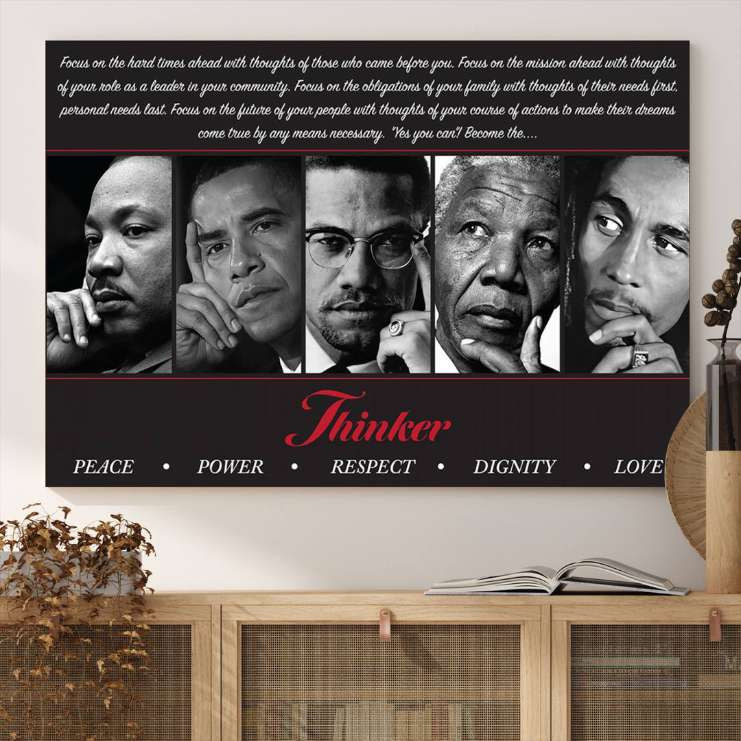 Thinker Wall art, Martin, Obama, Malcolm X, Mandela, Marley, Thinker Quintet Peace Power Respect Dignity Love Canvas Print, African Art Gift