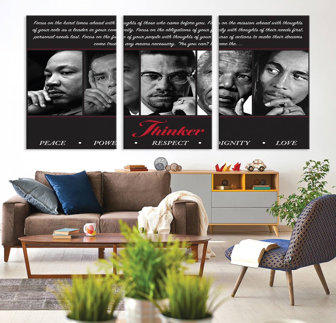 Thinker Wall art, Martin, Obama, Malcolm X, Mandela, Marley, Thinker Quintet Peace Power Respect Dignity Love Canvas Print, African Art Gift