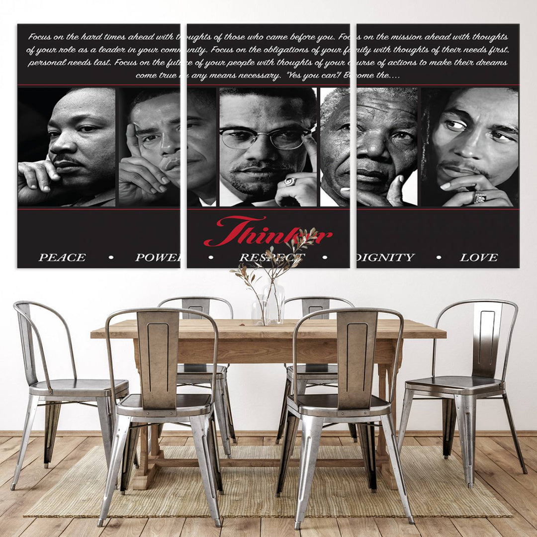 Thinker Wall art, Martin, Obama, Malcolm X, Mandela, Marley, Thinker Quintet Peace Power Respect Dignity Love Canvas Print, African Art Gift