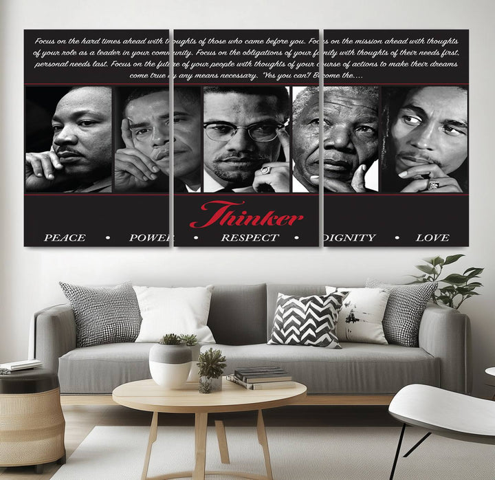 Thinker Wall art, Martin, Obama, Malcolm X, Mandela, Marley, Thinker Quintet Peace Power Respect Dignity Love Canvas Print, African Art Gift