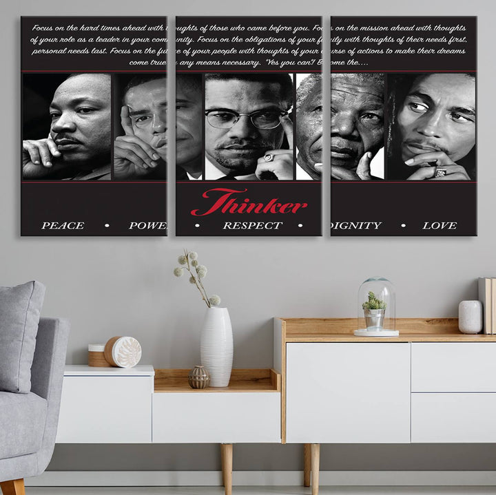 Thinker Wall art, Martin, Obama, Malcolm X, Mandela, Marley, Thinker Quintet Peace Power Respect Dignity Love Canvas Print, African Art Gift