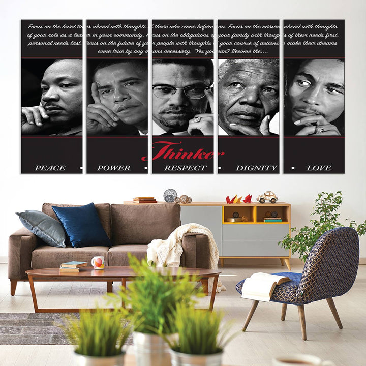 Thinker Wall art, Martin, Obama, Malcolm X, Mandela, Marley, Thinker Quintet Peace Power Respect Dignity Love Canvas Print, African Art Gift