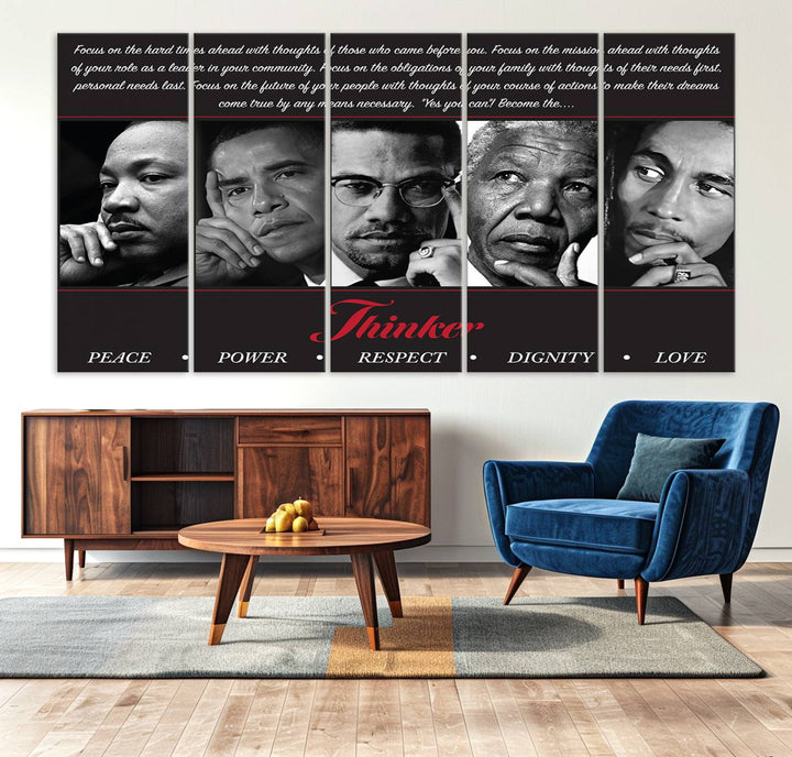 Thinker Wall art, Martin, Obama, Malcolm X, Mandela, Marley, Thinker Quintet Peace Power Respect Dignity Love Canvas Print, African Art Gift