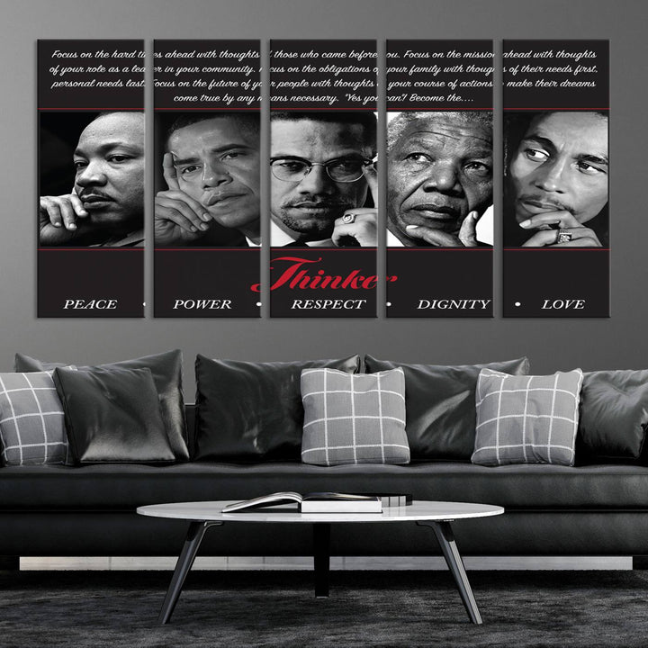 Thinker Wall art, Martin, Obama, Malcolm X, Mandela, Marley, Thinker Quintet Peace Power Respect Dignity Love Canvas Print, African Art Gift