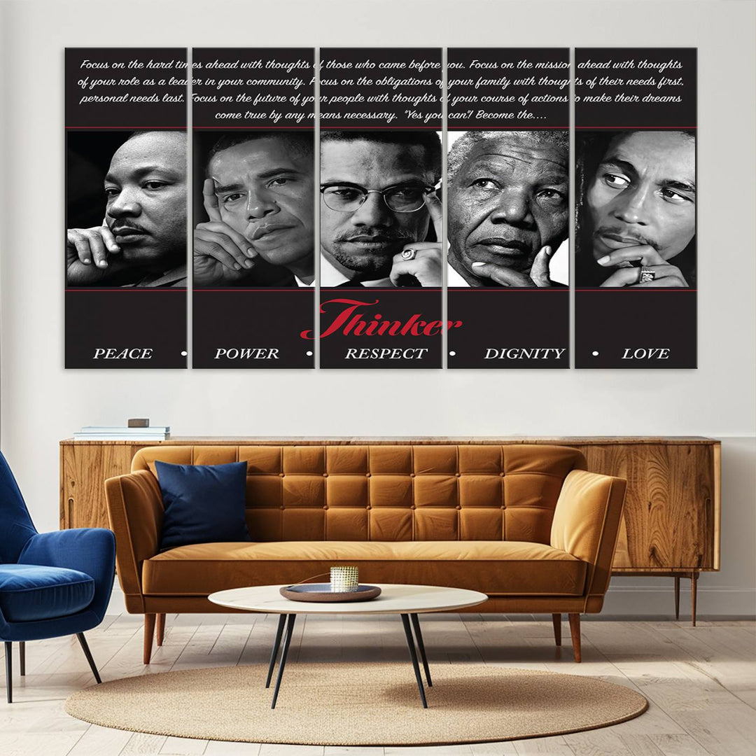 Thinker Wall art, Martin, Obama, Malcolm X, Mandela, Marley, Thinker Quintet Peace Power Respect Dignity Love Canvas Print, African Art Gift