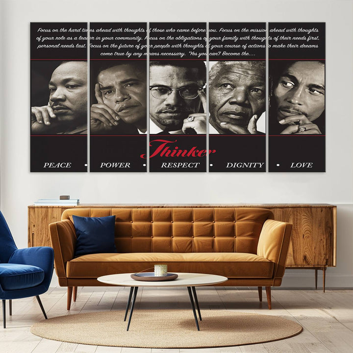 Thinker Wall art, Martin, Obama, Malcolm X, Mandela, Marley, Thinker Quintet Peace Power Respect Dignity Love Canvas Print, African Art Gift