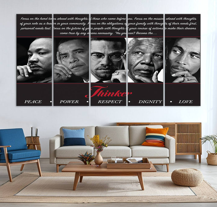 Thinker Wall art, Martin, Obama, Malcolm X, Mandela, Marley, Thinker Quintet Peace Power Respect Dignity Love Canvas Print, African Art Gift