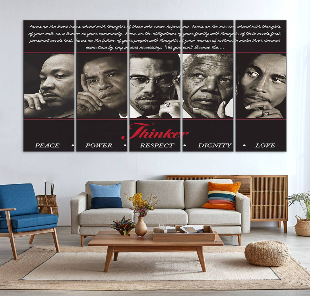 Thinker Wall art, Martin, Obama, Malcolm X, Mandela, Marley, Thinker Quintet Peace Power Respect Dignity Love Canvas Print, African Art Gift