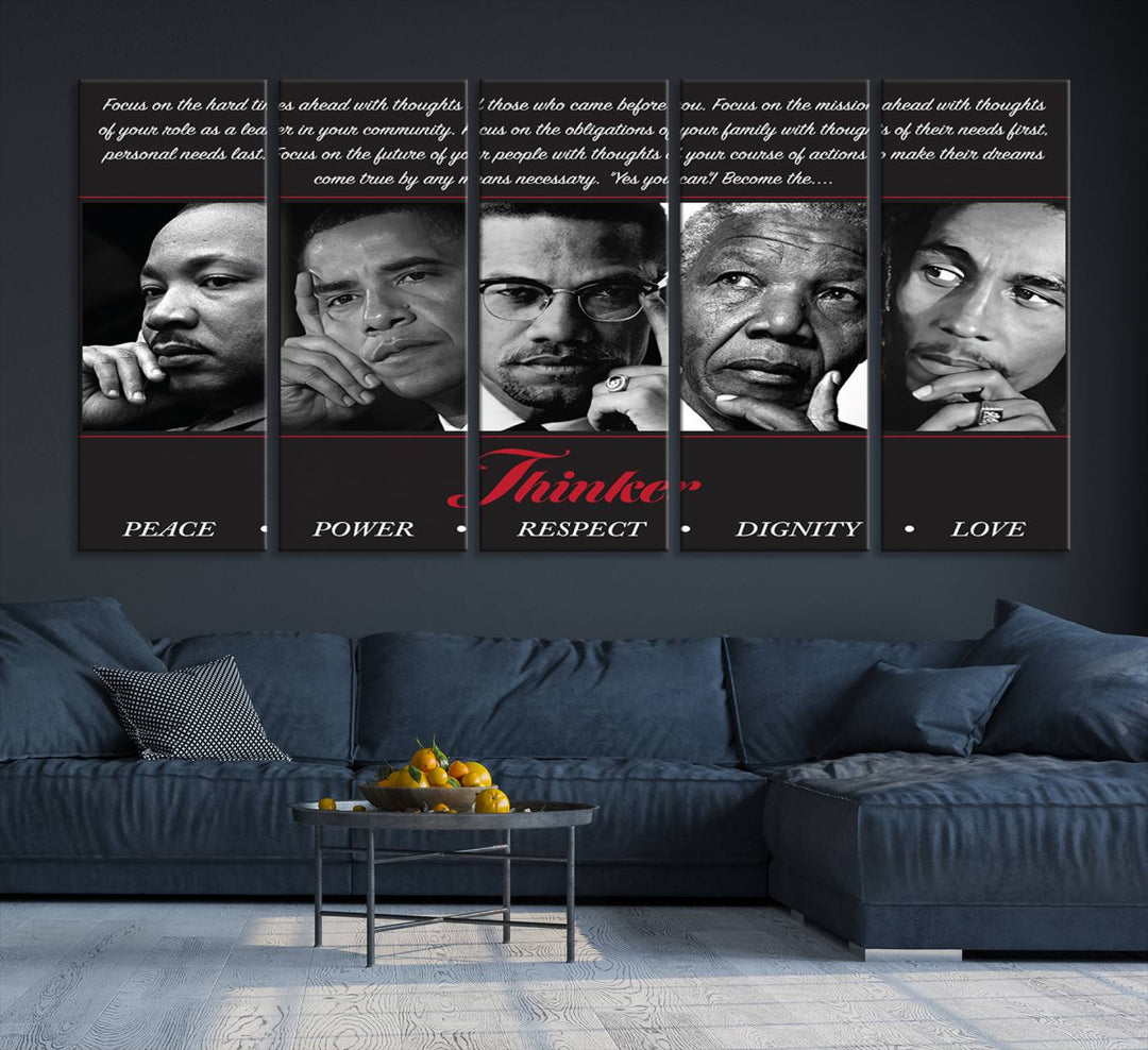 Thinker Wall art, Martin, Obama, Malcolm X, Mandela, Marley, Thinker Quintet Peace Power Respect Dignity Love Canvas Print, African Art Gift