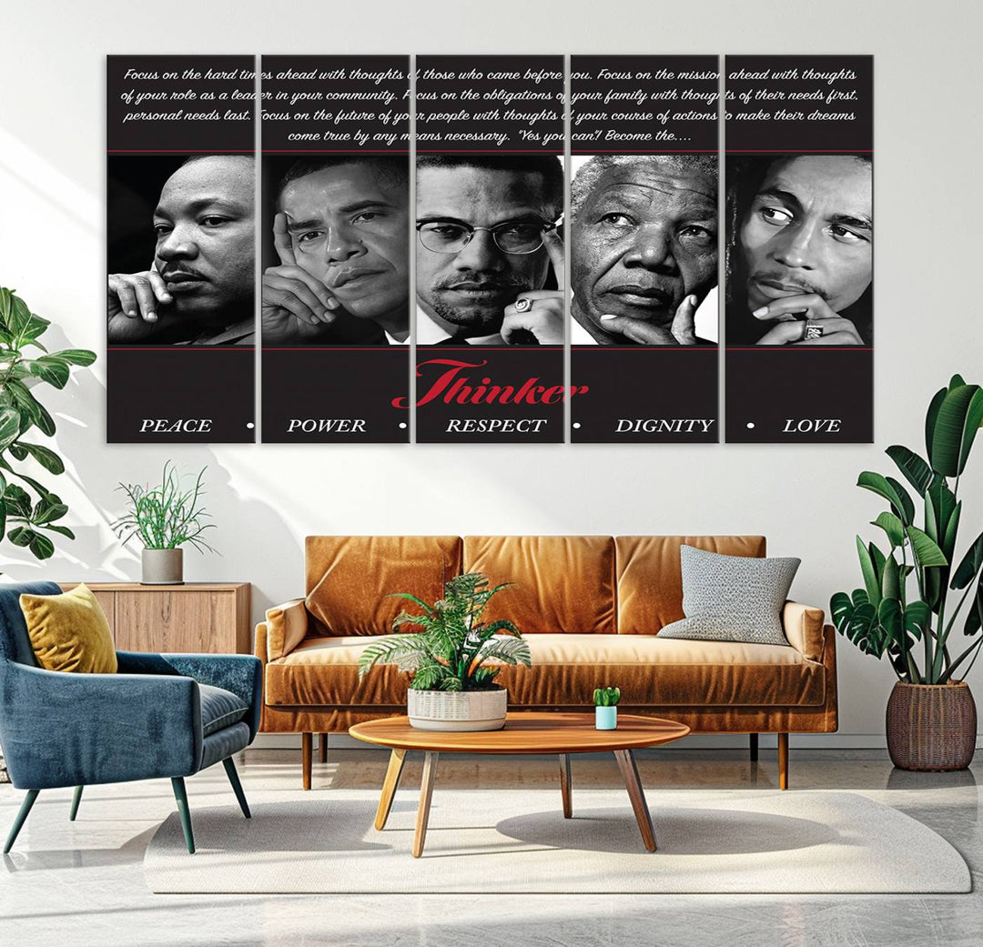 Thinker Wall art, Martin, Obama, Malcolm X, Mandela, Marley, Thinker Quintet Peace Power Respect Dignity Love Canvas Print, African Art Gift