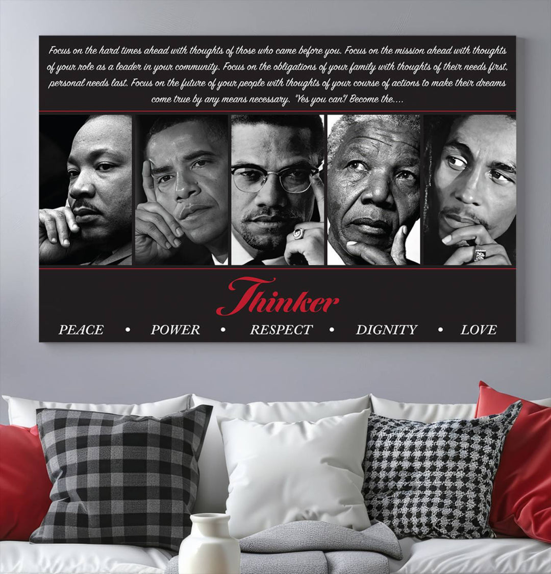 Thinker Wall art, Martin, Obama, Malcolm X, Mandela, Marley, Thinker Quintet Peace Power Respect Dignity Love Canvas Print, African Art Gift