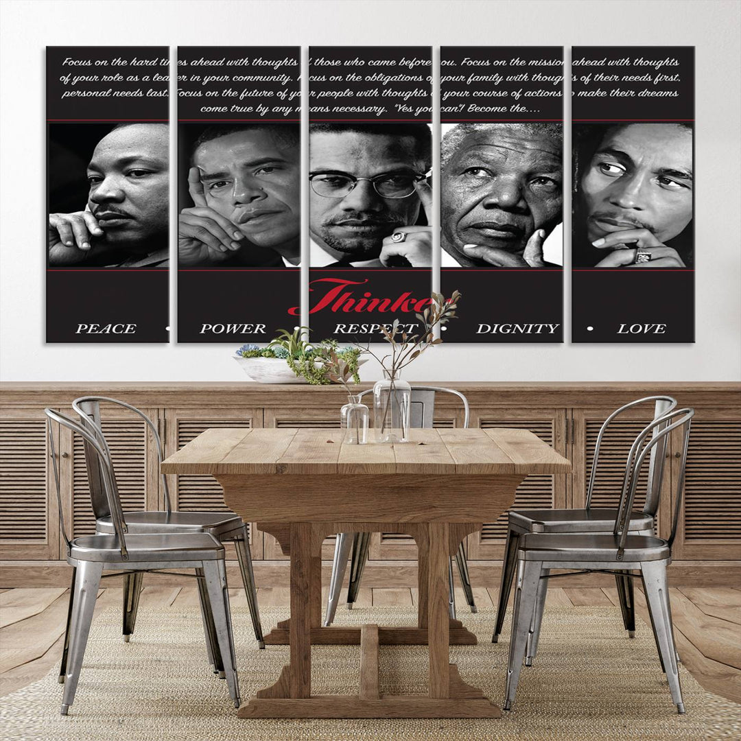 Thinker Wall art, Martin, Obama, Malcolm X, Mandela, Marley, Thinker Quintet Peace Power Respect Dignity Love Canvas Print, African Art Gift