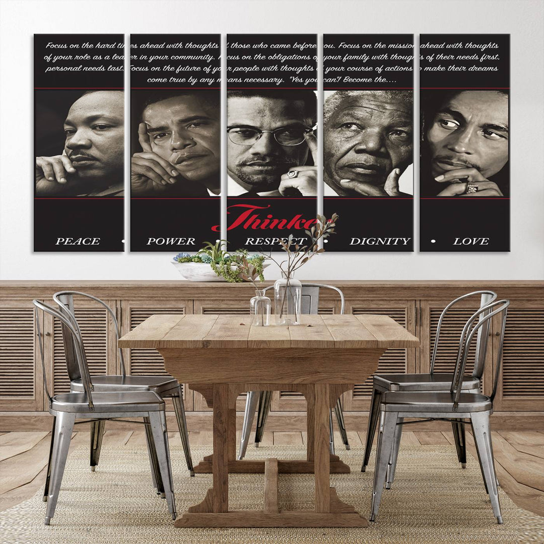 Thinker Wall art, Martin, Obama, Malcolm X, Mandela, Marley, Thinker Quintet Peace Power Respect Dignity Love Canvas Print, African Art Gift