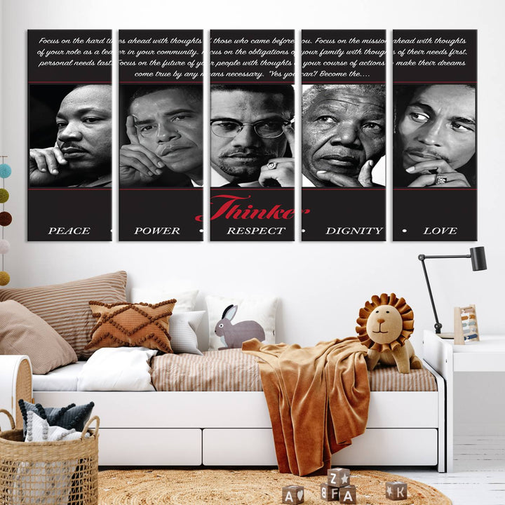 Thinker Wall art, Martin, Obama, Malcolm X, Mandela, Marley, Thinker Quintet Peace Power Respect Dignity Love Canvas Print, African Art Gift