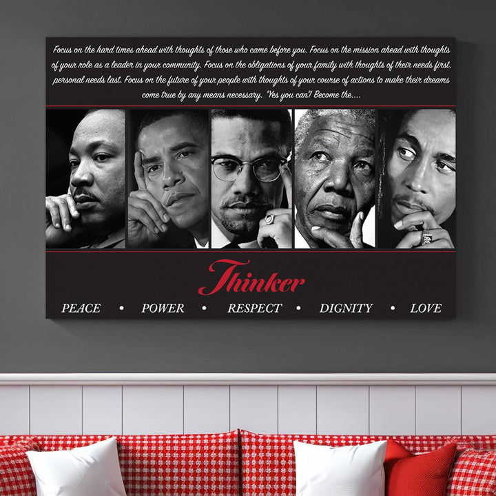 Thinker Wall art, Martin, Obama, Malcolm X, Mandela, Marley, Thinker Quintet Peace Power Respect Dignity Love Canvas Print, African Art Gift