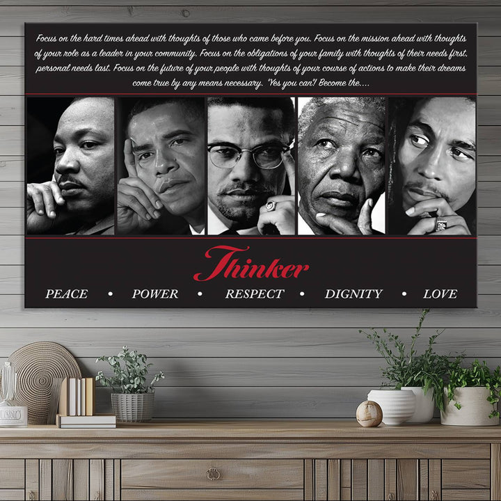 Thinker Wall art, Martin, Obama, Malcolm X, Mandela, Marley, Thinker Quintet Peace Power Respect Dignity Love Canvas Print, African Art Gift