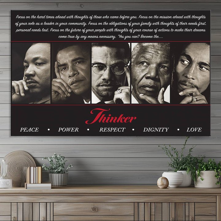 Thinker Wall art, Martin, Obama, Malcolm X, Mandela, Marley, Thinker Quintet Peace Power Respect Dignity Love Canvas Print, African Art Gift