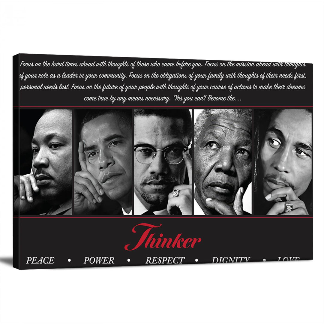 Thinker Wall art, Martin, Obama, Malcolm X, Mandela, Marley, Thinker Quintet Peace Power Respect Dignity Love Canvas Print, African Art Gift