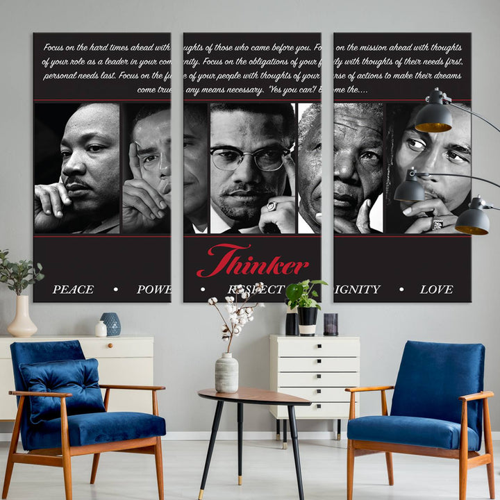 Thinker Wall art, Martin, Obama, Malcolm X, Mandela, Marley, Thinker Quintet Peace Power Respect Dignity Love Canvas Print, African Art Gift