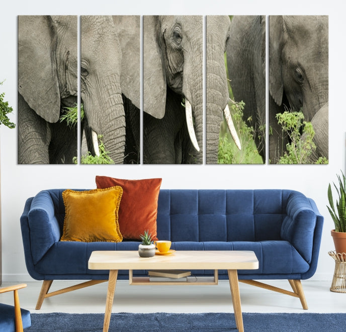 Three Elephant Wild Animal Wall Art Canvas Print Framed Piece Ready to Hang