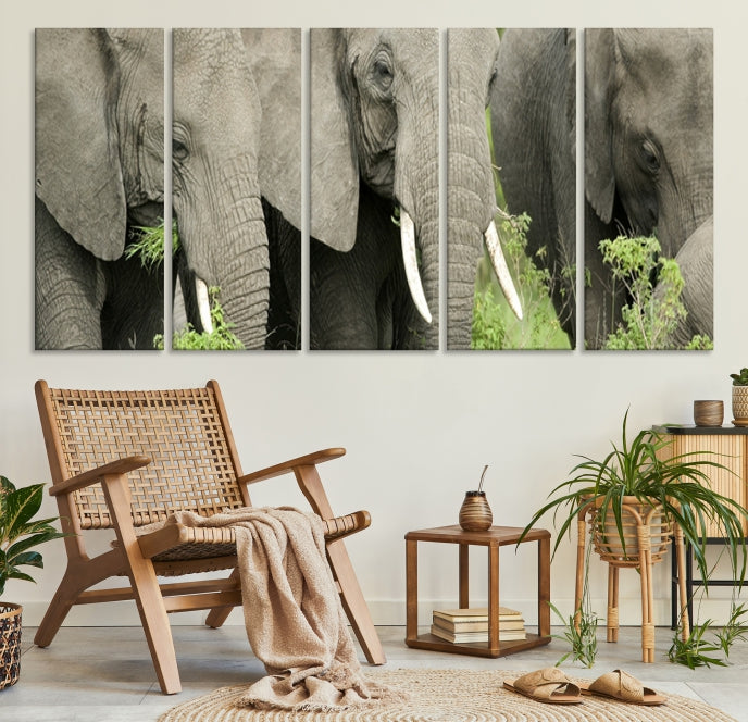 Three Elephant Wild Animal Wall Art Canvas Print Framed Piece Ready to Hang