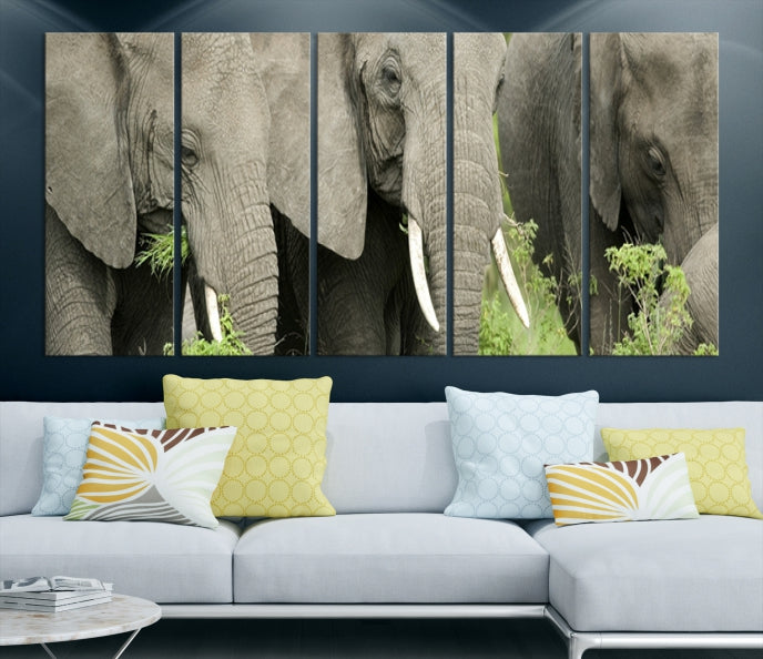 Three Elephant Wild Animal Wall Art Canvas Print Framed Piece Ready to Hang