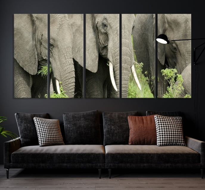 Three Elephant Wild Animal Wall Art Canvas Print Framed Piece Ready to Hang