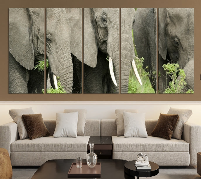 Three Elephant Wild Animal Wall Art Canvas Print Framed Piece Ready to Hang